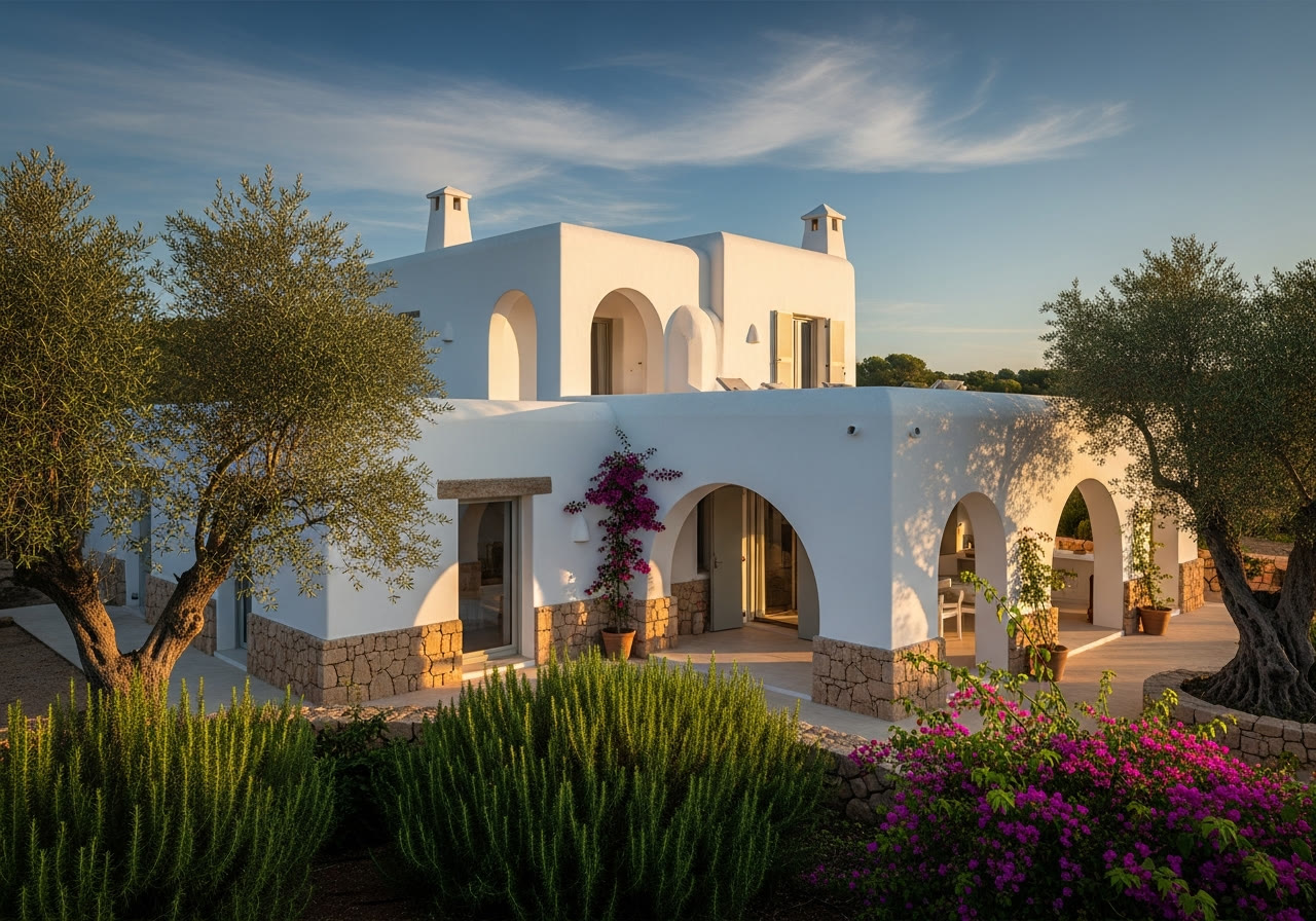Casa ibicenca blanca integrada en un paisaje mediterráneo