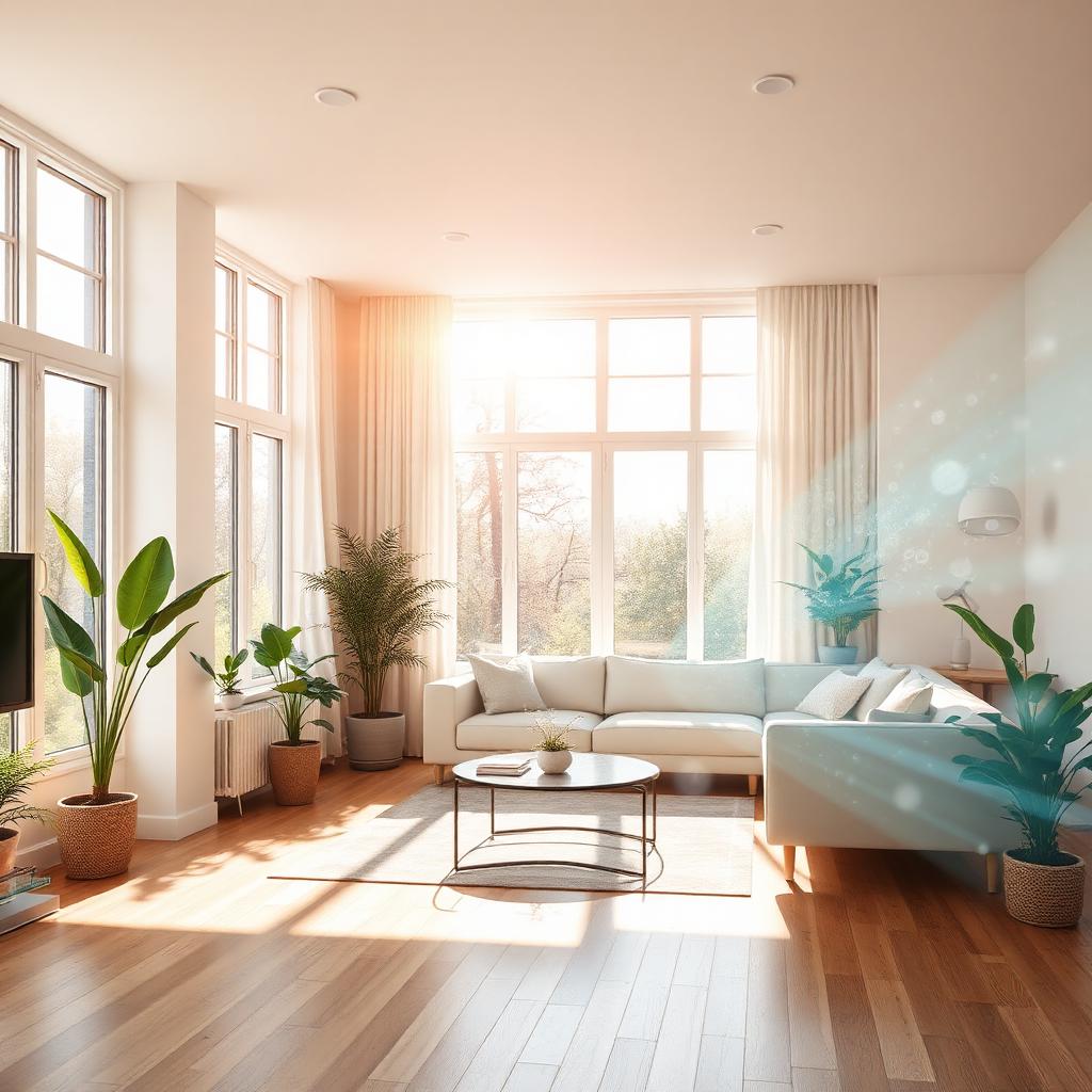 Interior luminoso de una vivienda saludable con materiales naturales