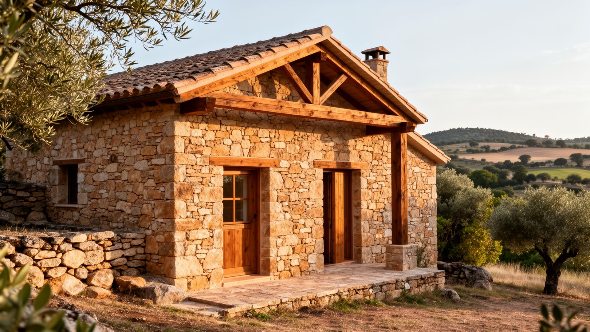 Casa rústica de piedra y madera en un entorno natural